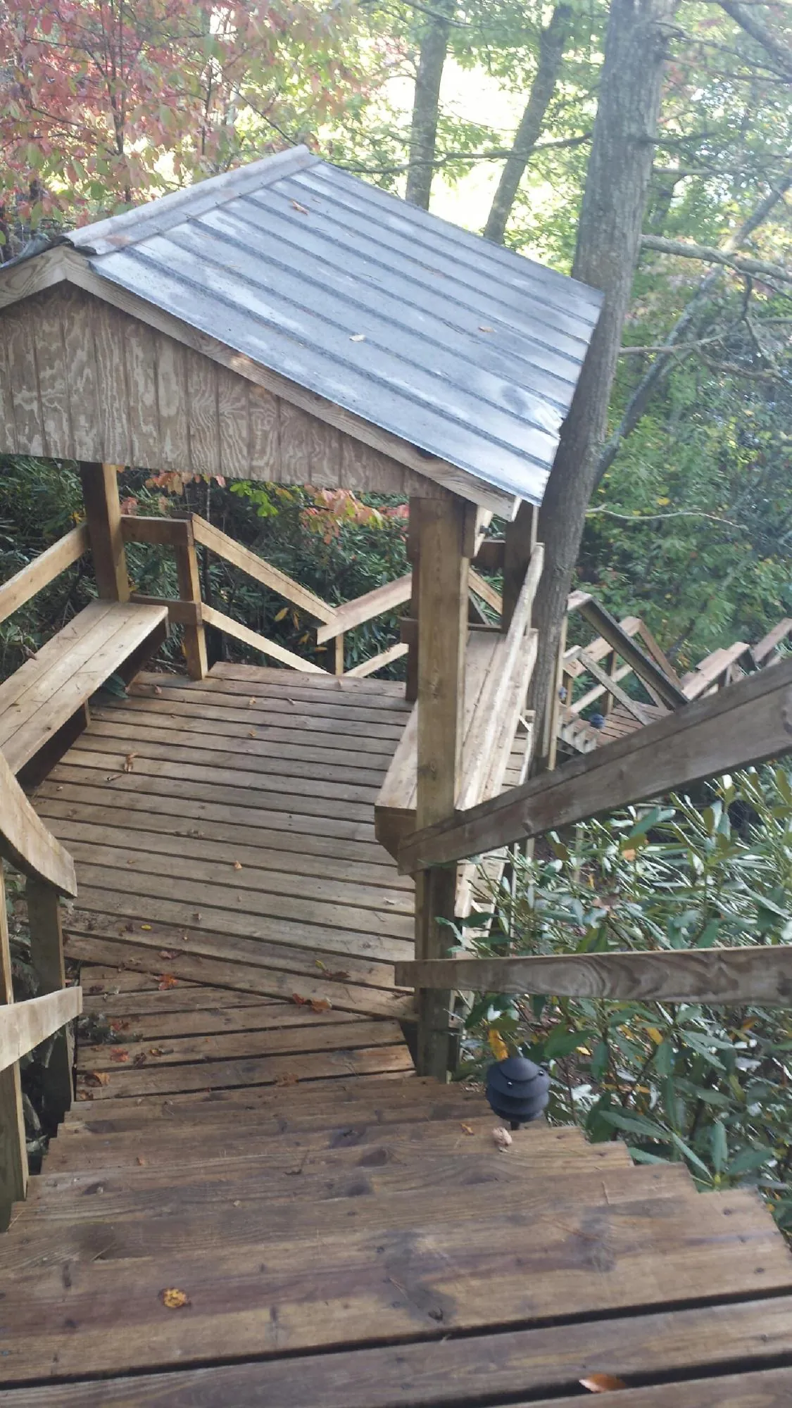Metal roofed shelter over wooden steps on a wooded walkway — Skylight Repair & Installation work by our crew in Barney